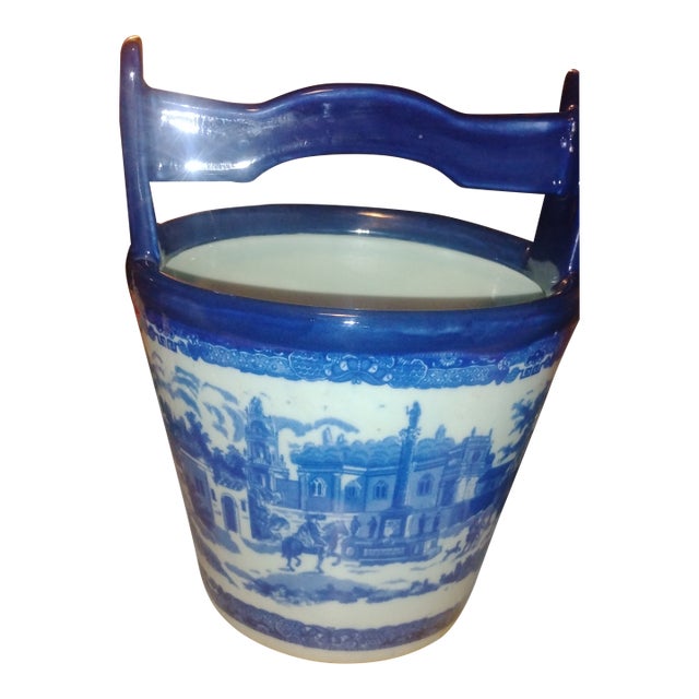 Vintage Victoria Ware Ironstone Ice Bucket - Blue Willow Flow Blue Chinoiserie - 13" For Sale