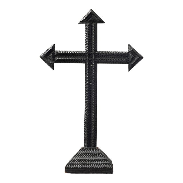 Large Antique Hand Carved Tramp Art Cross on Pedestal (16 Layers) For Sale