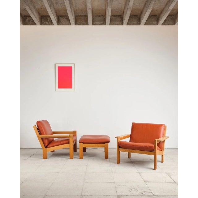 Brutalist Oak and Leather with Lounge Chairs, Ottoman and Coffee Table by Tage Poulsen, Denmark, 1960s, Set of 4 For Sale - Image 4 of 18