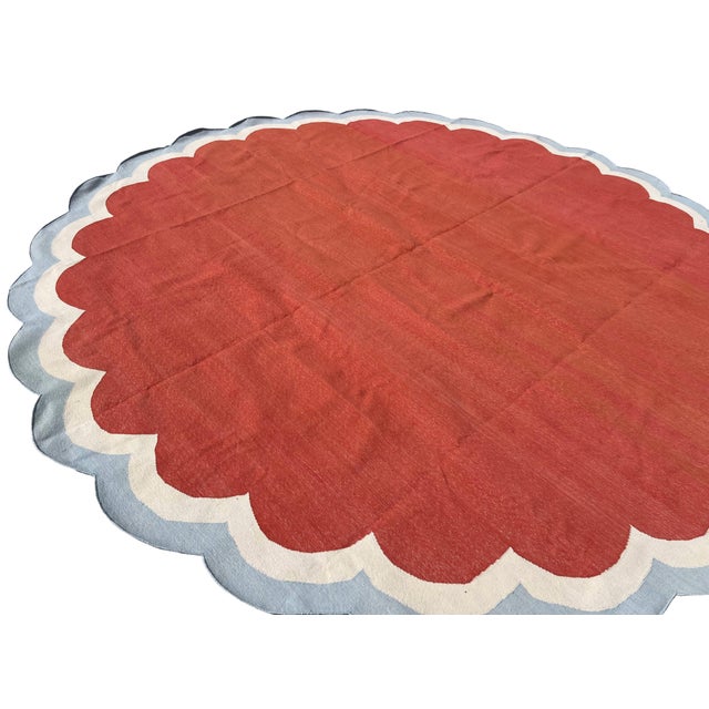 Terra Cotta Handmade Cotton Round Scalloped Rug, Terracotta, Cream and Light Blue Round Dhurrie-9' Round For Sale - Image 8 of 13
