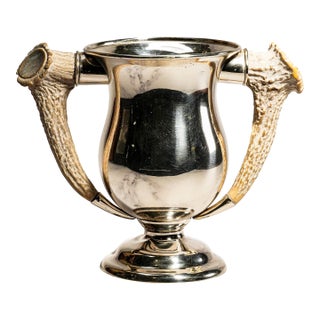 Rustic Double Antler Handle Antique Sterling Silver Trophy Cup For Sale