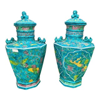 Rare Pair of Chinese Turquoise-Ground Fahua Ware Octagonal Lidded Vases, Ming For Sale