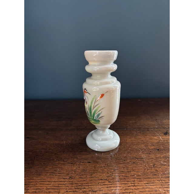 Victorian Antique Victorian Bristol Opaline Vase With Hand Painted Heron 7” For Sale - Image 3 of 7