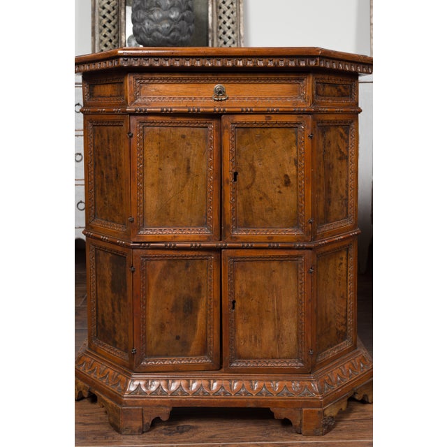 Pair of 1800s Italian Carved Walnut Cabinets with Canted Sides, Drawer and Doors For Sale - Image 9 of 12