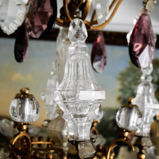 Large Louis XV Style Cage Chandelier with Crystal Pendants and Amethyst Drops, 1950 For Sale - Image 13 of 18