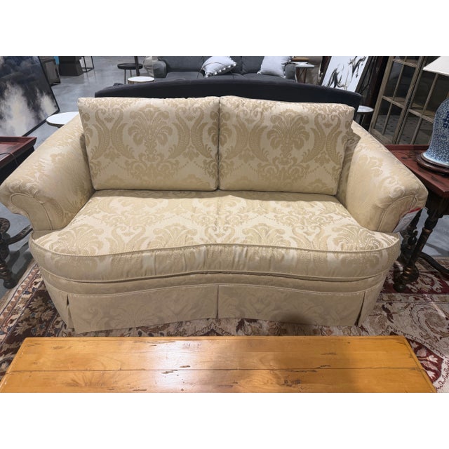Vintage Ethan Allen Cream Damask Skirted Sofa For Sale - Image 11 of 12
