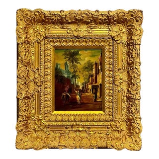 Vintage J. Van Hoot 19th C. European Village Scene Oil Painting in Carved Gilt Frame For Sale
