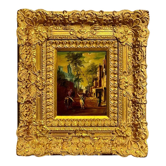 Vintage J. Van Hoot 19th C. European Village Scene Oil Painting in Carved Gilt Frame For Sale