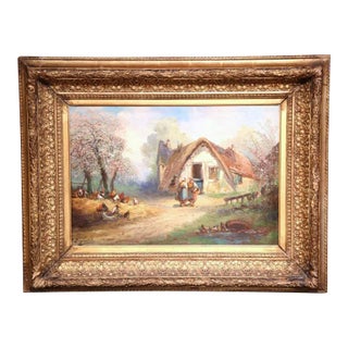 19th Century French Rural Farm Scene Oil Painting Signed A. Degerville For Sale