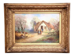 19th Century French Rural Farm Scene Oil Painting Signed A. Degerville