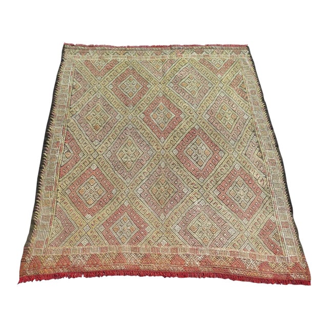 1960s Embroidered Distressed Kilim -64"x78" For Sale