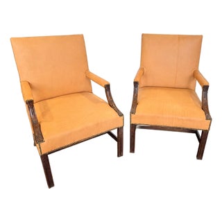 Pair of Georgian Carved Mahogany Library Armchairs in Peach Leather For Sale