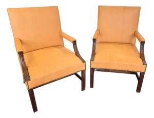 Pair of Georgian Carved Mahogany Library Armchairs in Peach Leather