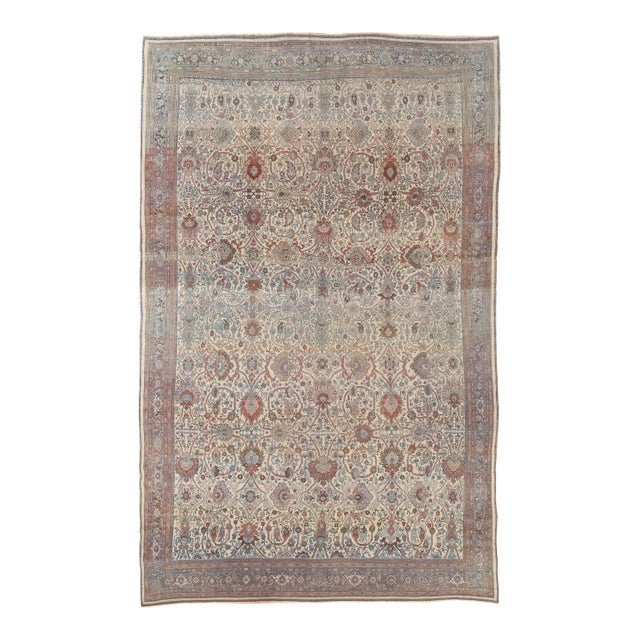 Antique Bijar Carpet Oriental Carpet, Handmade, Ivory, Coral, Light Blue, Taupe For Sale
