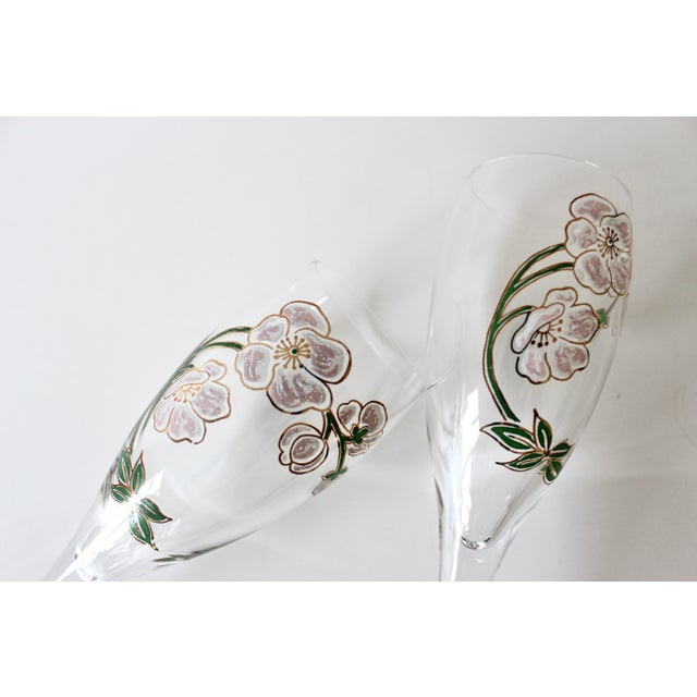 French Two Vintage Perrier Jouet Painted Champagne Glasses, Pair of Flutes, French Glassware For Sale - Image 3 of 8