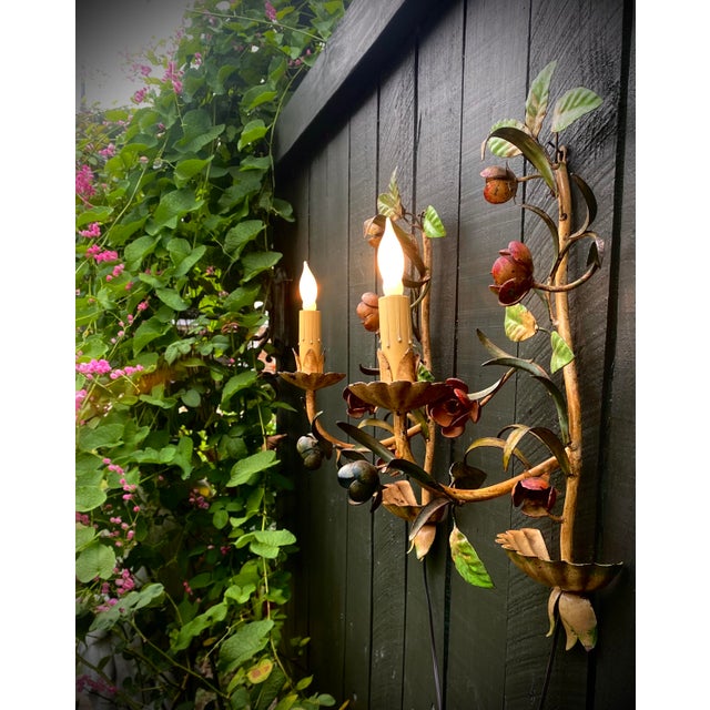 Vintage Italian Hand Painted Hand Crafted Tole Wall Sconces - a Pair For Sale - Image 4 of 18