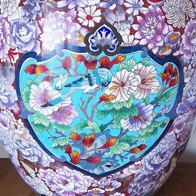 Early 20th Century Large Japanese Cloisonne Jardiniere Depicting Birds and Flowers, a Pair For Sale - Image 11 of 13