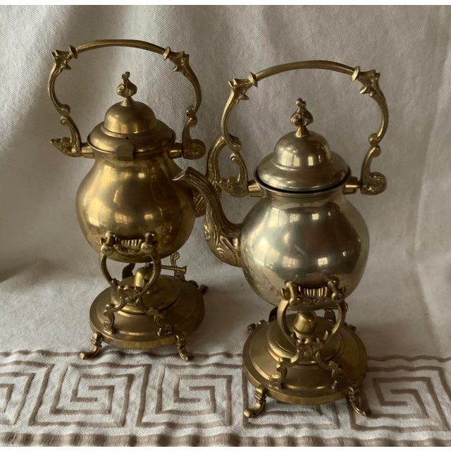 1950s Pair of Mid-Century Turkish Brass Coffee Pots With Warming Stands - Handmade c.1950s, Diplomatic Provenance For Sale - Image 5 of 12