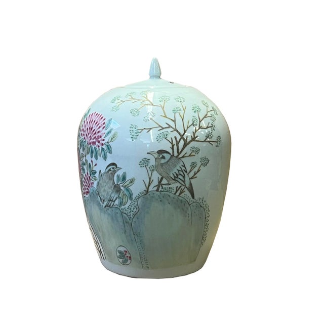 Oriental Distressed Marks Off White Flower Birds Porcelain Oval Jar For Sale In San Francisco - Image 6 of 6