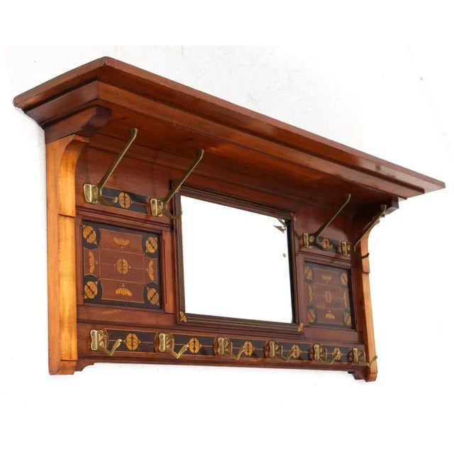 Arts & Crafts Art Nouveau Walnut Coat Rack with Inlay, 1900s For Sale - Image 4 of 11