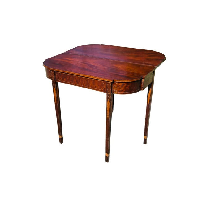 19th Century Federal Style Mahogany & Satinwood Inlaid Card Table – Antique Hepplewhite Flip-Top Game / Demilune Console Table For Sale - Image 10 of 14