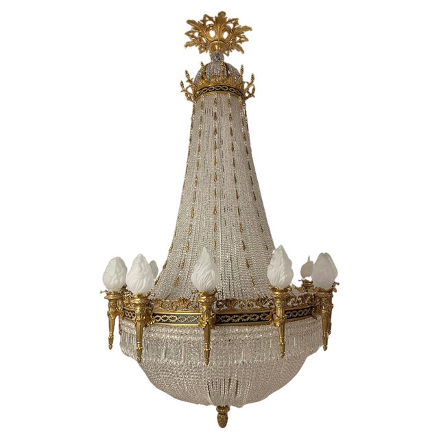 Large Classicist Chandelier in Crystal & Brass For Sale