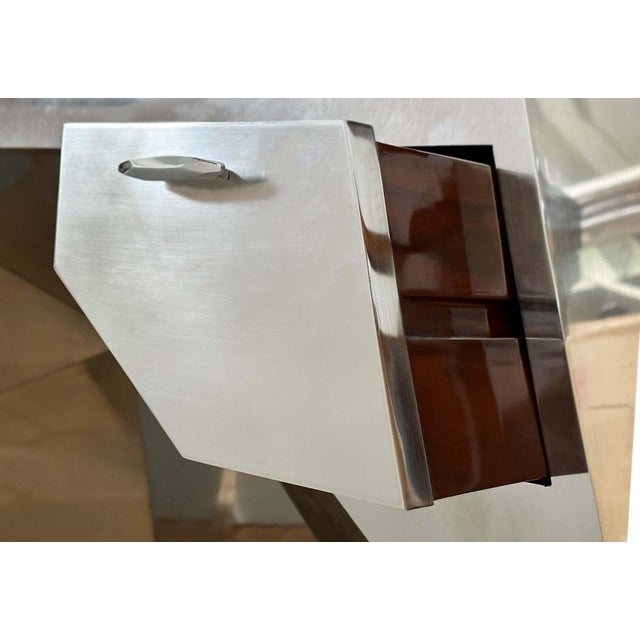 Silver Minimalist “Popova” Desk in Brushed Stainless Steel With Mahogany Drawers. u.s.A For Sale - Image 8 of 8