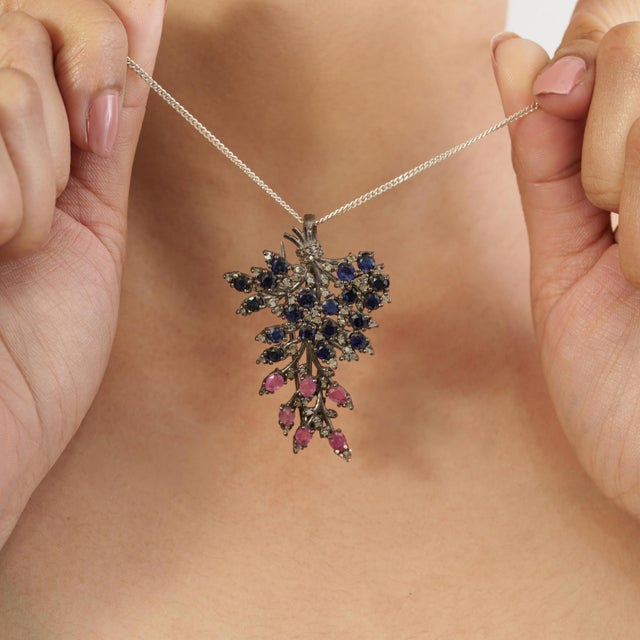 Late Victorian Style 5 Ct Blue Sapphire, Ruby & Diamond Jeweled Spray Brooch Pendant For Sale - Image 4 of 14