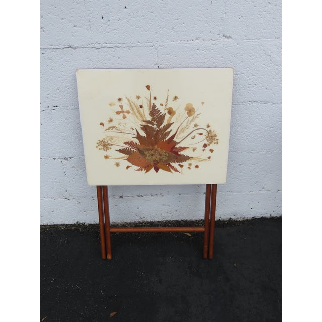 Scheibe Mid Century Folding Wooden Tv Trays Floral Top 4pc Set With Stand 6896 For Sale - Image 18 of 18