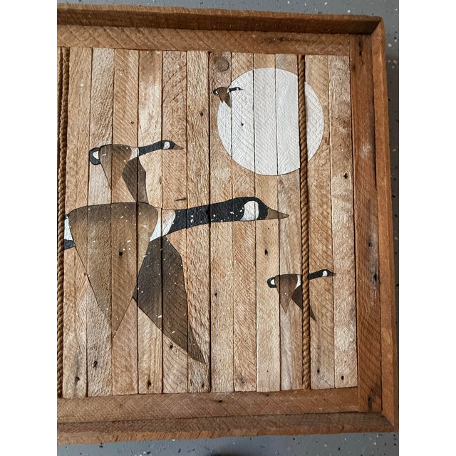 Wood Large Vtg. 1989 Wood Inlay Geese Landscape Art Signed by C. Pruitt Inscribed 19th C. Wood Lath For Sale - Image 7 of 18
