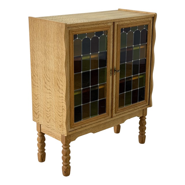 Vintage Oak Display Cabinet with Stained Glass Doors by Henning Kjærnulf, 1960s For Sale