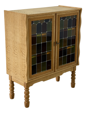 Vintage Oak Display Cabinet with Stained Glass Doors by Henning Kjærnulf, 1960s