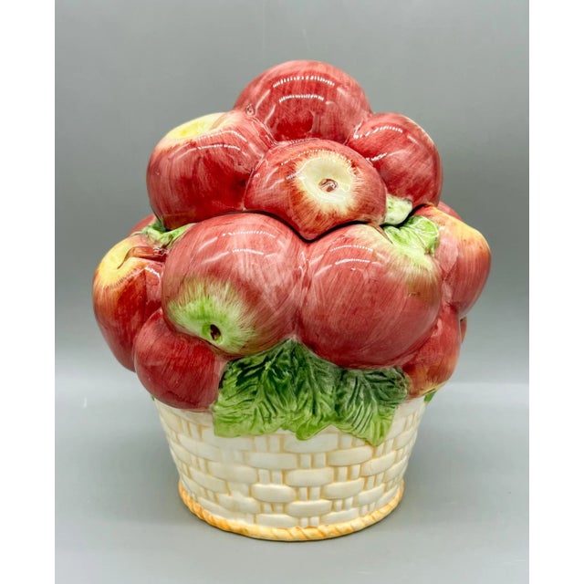 Vintage Apple Basket Ceramic Cookie Jar – Whimsical Kitchen Counter Storage For Sale - Image 4 of 12