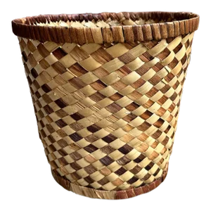 1970s Vintage Checker Pattern Woven Rattan Basket