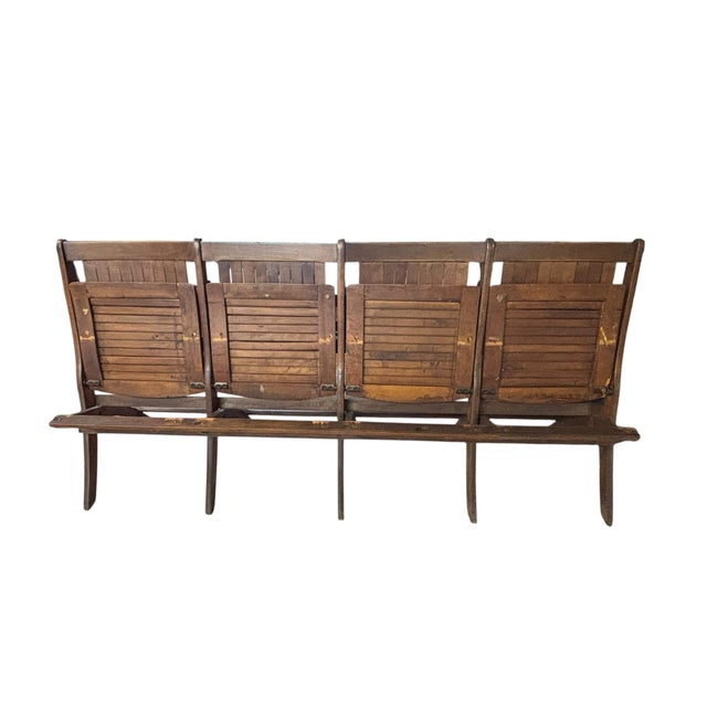 Vintage Four-Seat Folding Slatted Wood Bench, Theater, Waiting Room & Industrial Style Seating For Sale - Image 4 of 10