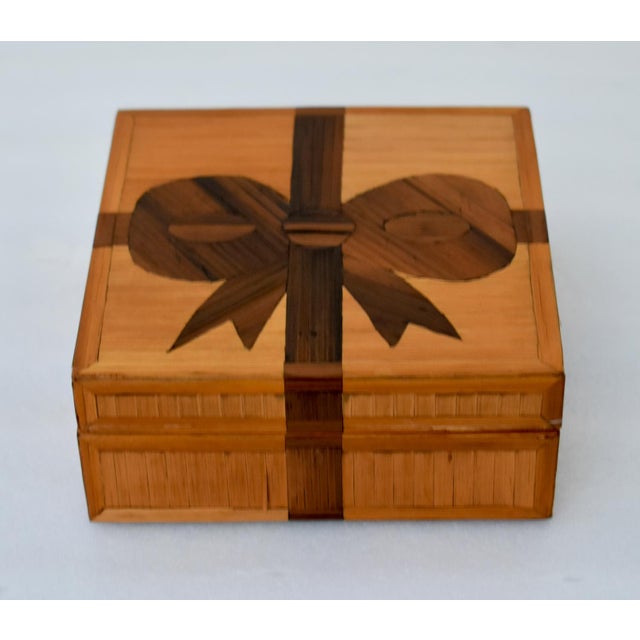 Brown Vintage Inlaid Felt Lined Trinket Box W/Ribbon Details For Sale - Image 8 of 13