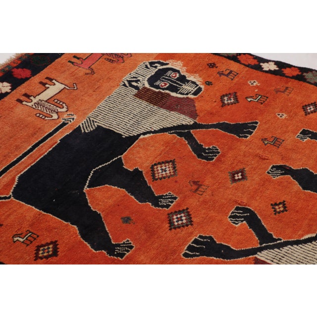 1950s Vintage Persian Gabbeh Rug in Red With Twin Lion Pictorials - Rug & Kilim For Sale - Image 5 of 7