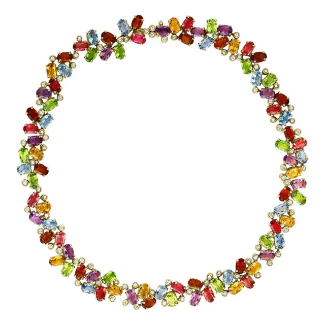 Multi Colored Gemstone Diamond Rainbow Necklace By H. Stern, 18K Yellow Gold 89g For Sale