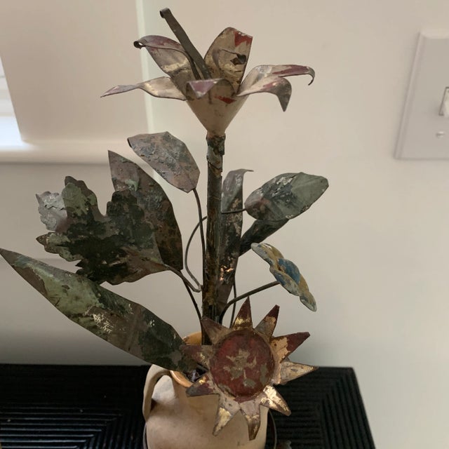 Antique French Tole Flowers in Pottery Urns- Pair For Sale - Image 4 of 9