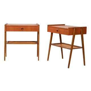 Scandinavian Teak Bedside Tables with Vienna Straw, 1950s, Set of 2 For Sale