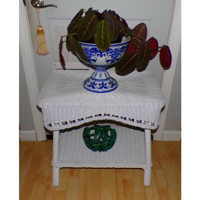 Vintage White Draped Wicker Rattan Sculpted Beaded Coffee Table Plant Stand For Sale - Image 4 of 18