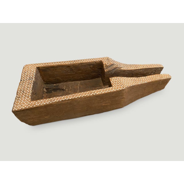 Tribal Antique Teak Wood and Shell Inlay Rice Container For Sale - Image 3 of 6