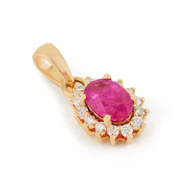 Peitite Certified Natural Ruby & Diamond Halo Cluster Pendant in 14k Yellow Gold For Sale - Image 4 of 14