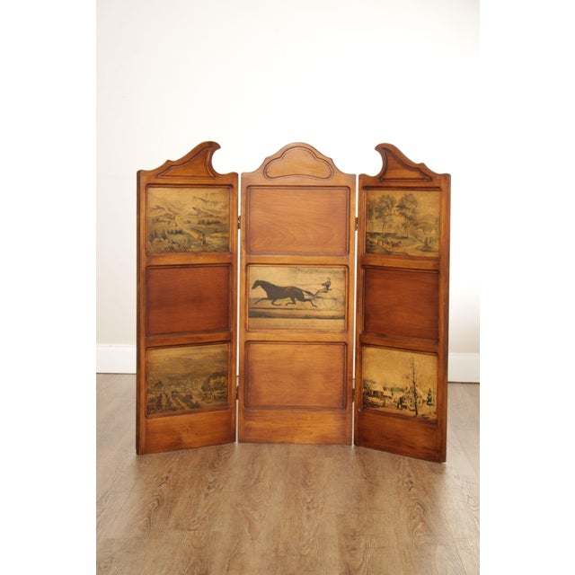 High Quality Carved Three Panel Folding Screen with Inset Currier And Ives Print Scenes