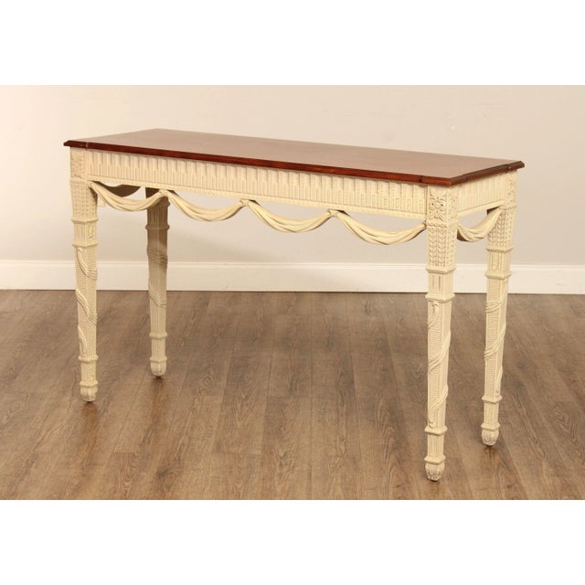 French Louis XVI Style Painted Base Cherry Console Tables - A Pair For Sale - Image 9 of 12