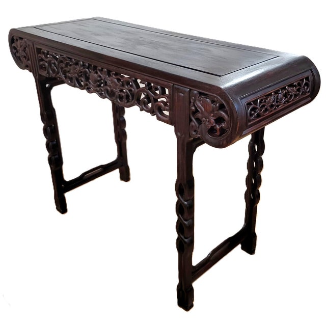 Antique Asian Dragon Carved Teakwood Chinese Altar Console Table For Sale - Image 4 of 16