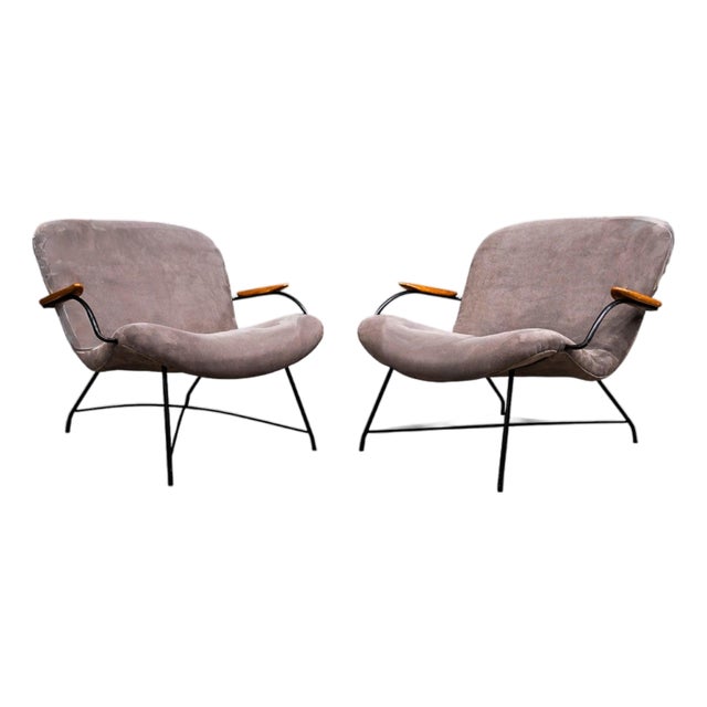Pair of Armchairs Gray Fabric, Rosewood, & Metal, Carlo Hauner, 1950s - Lot 184 For Sale