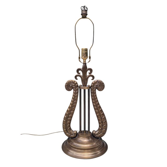Bronze Vintage Chelsea House Neoclassical Lyre Table Lamp With Lamp Shade For Sale - Image 8 of 18