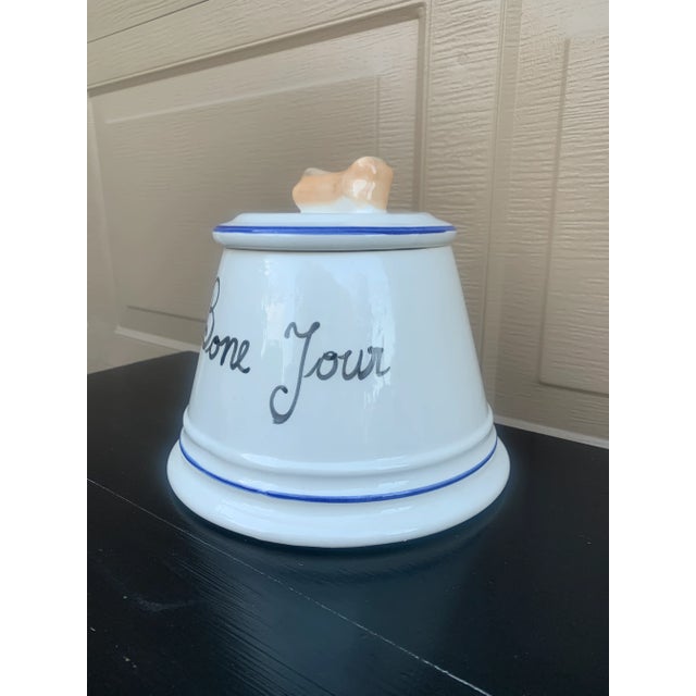French Country Vintage French “Bone Jour” Blue and White Porcelain Dog Treat Jar For Sale - Image 3 of 12