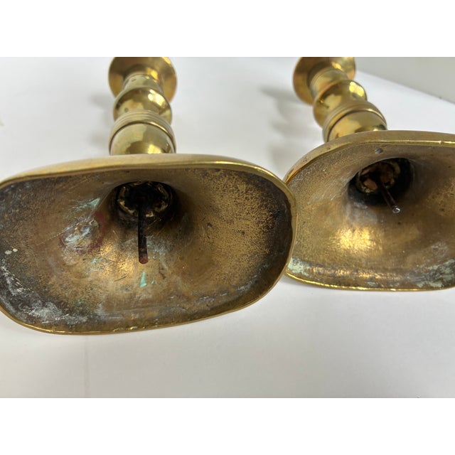 Antique Victorian Brass Beehive Candlestick Holders | a Pair For Sale - Image 6 of 11